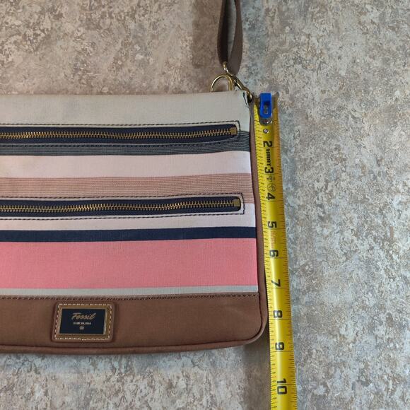 Fossil Purse Pink Striped Canvas Messenger Crossbody Bag Pink Brown White - Picture 10 of 10